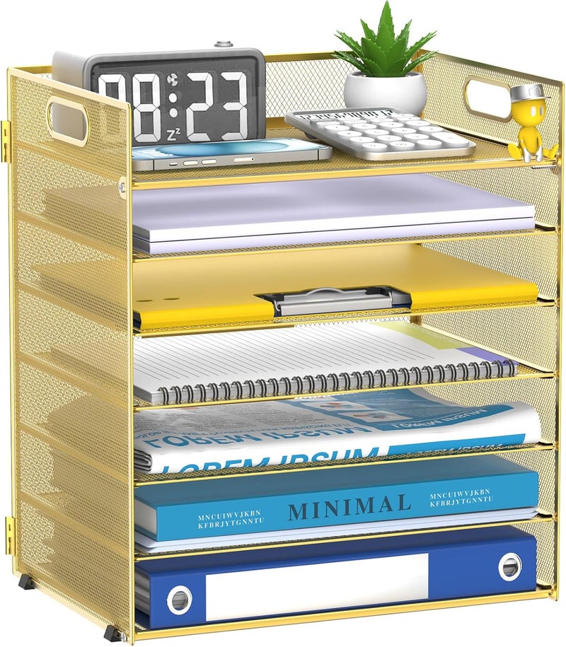 ReePlan 7 Tier Paper Organizer - Mesh Desktop File Holder with Handles for Office School Desk (Gold) - Image 1